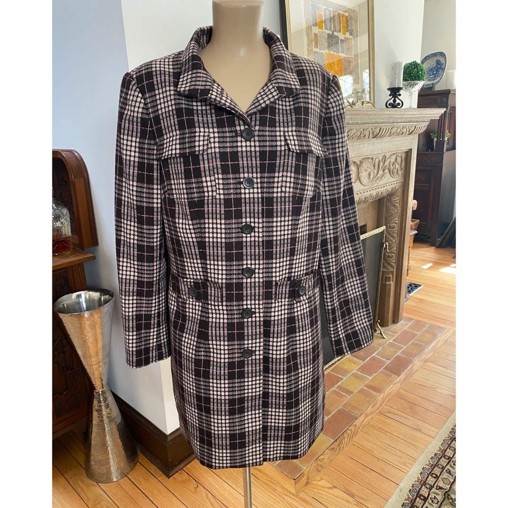 Worthington Womens Size 14 Plaid Longline Blazer Jacket Black Pink White Button